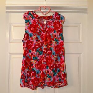 Dear Scarlett Red Pink Floral Sleeveless V-Neck Blouse